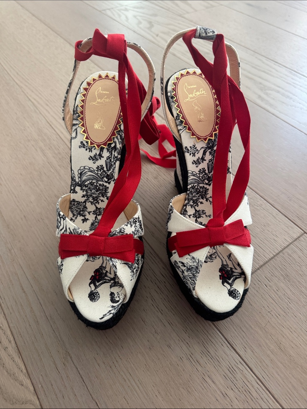 Christian Louboutin Black & White Toile Espadrille Wedges with Red Ribbon